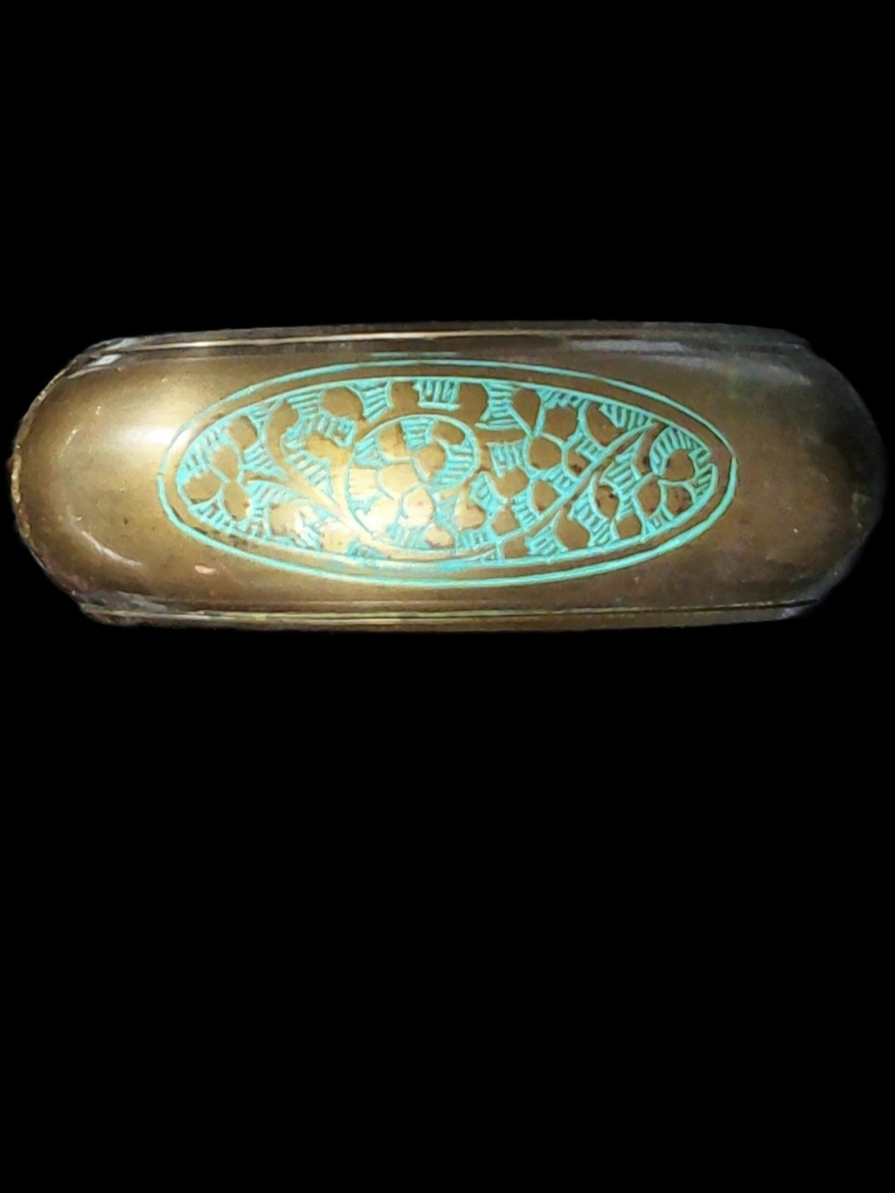 ~Beautiful, Vintage Brass Bracelet With Unique Teal, Floral  Etched Design~